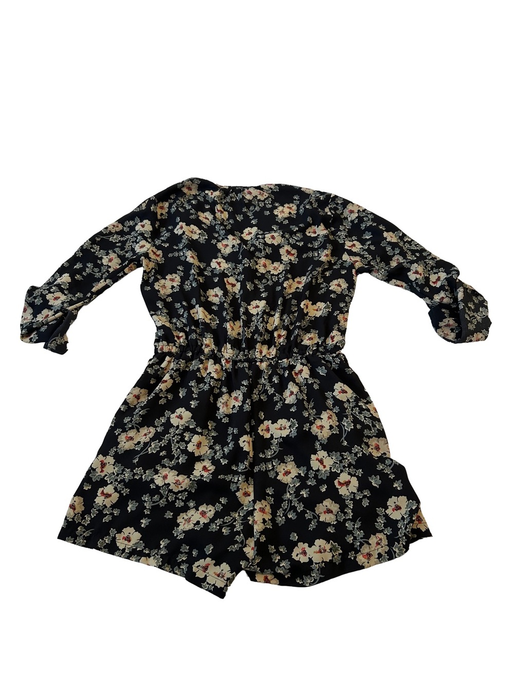 Daniel Rainn Dark Navy Boho Floral Long-Sleeve Romper with Tie Waist Size M - Picture 2 of 4